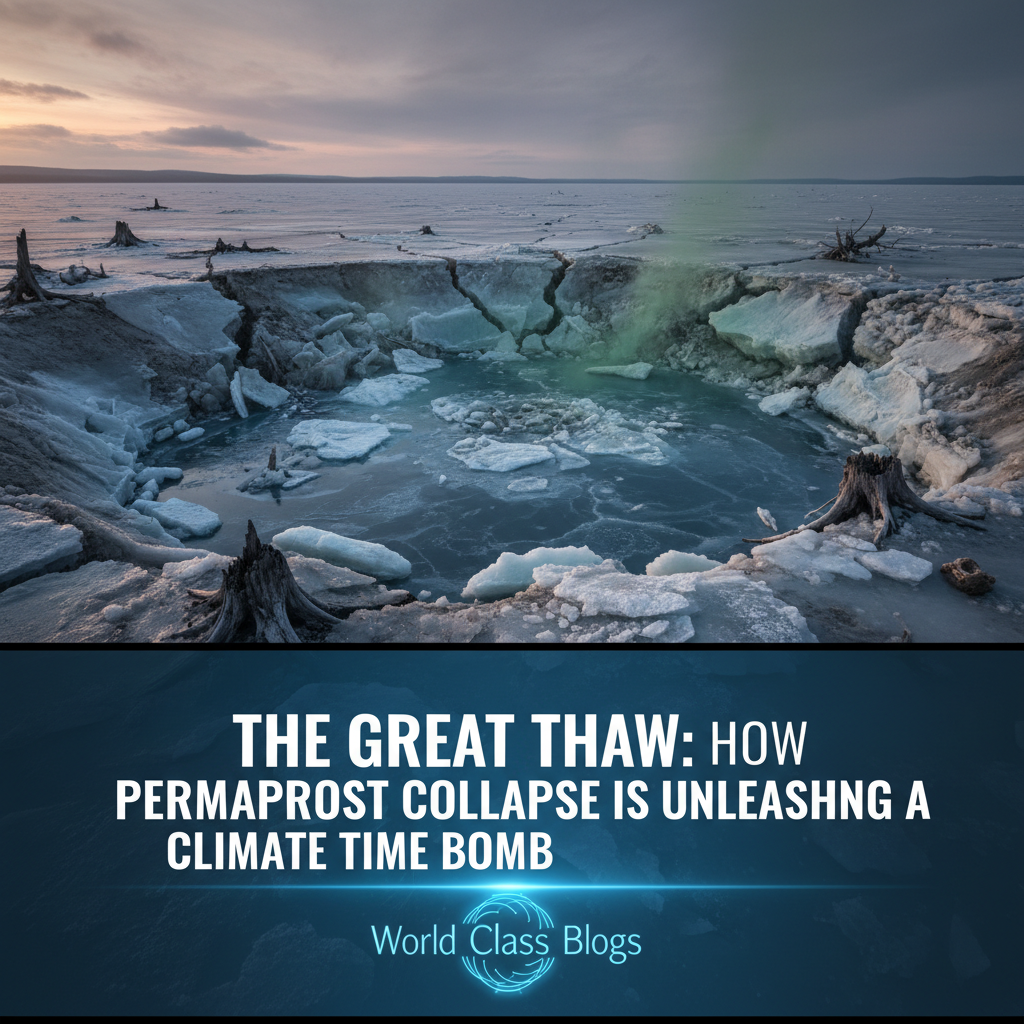 An illustrated diagram showing gradual top-down thaw, abrupt thermokarst lake formation, microbial release of CO2 and CH4, and the feedback loop to global warming.