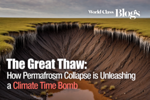 An illustrated diagram showing gradual top-down thaw, abrupt thermokarst lake formation, microbial release of CO2 and CH4, and the feedback loop to global warming.