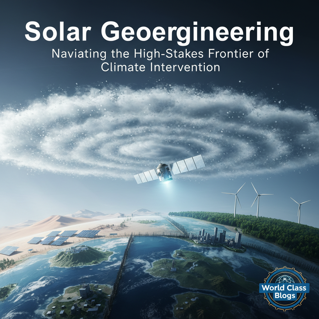 Side-by-side illustrations of Stratospheric Aerosol Injection (planes/balloons), Marine Cloud Brightening (ships), and surface albedo methods, with key facts.