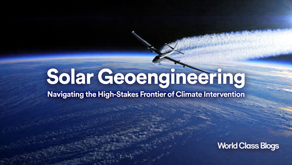 Side-by-side illustrations of Stratospheric Aerosol Injection (planes/balloons), Marine Cloud Brightening (ships), and surface albedo methods, with key facts.