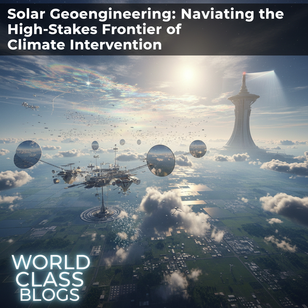 Side-by-side illustrations of Stratospheric Aerosol Injection (planes/balloons), Marine Cloud Brightening (ships), and surface albedo methods, with key facts.