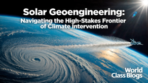 Side-by-side illustrations of Stratospheric Aerosol Injection (planes/balloons), Marine Cloud Brightening (ships), and surface albedo methods, with key facts.