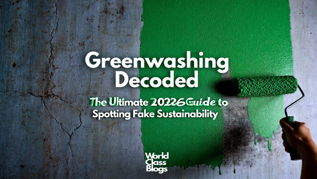 Greenwashing Decoded: The Ultimate 2026 Guide to Spotting Fake Sustainability, Incorporate (World Class Blogs) in the picture please as it is our logo words