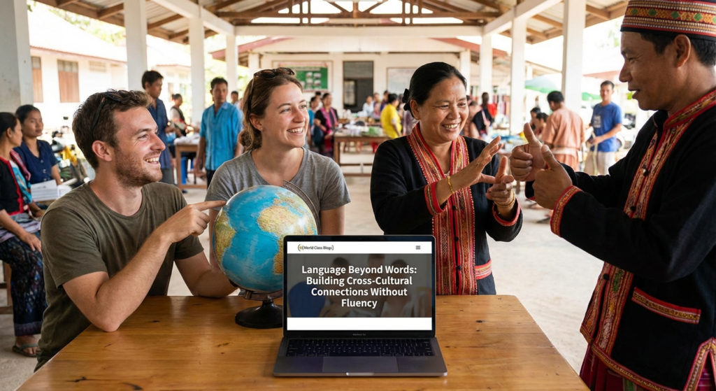 Infographic showing five tools for communication beyond words: Linguistic Toe-Dip, Non-Verbal Symphony, Prop & Visual Aid, Sound & Rhythm Mirror, and Cooperative Intent.