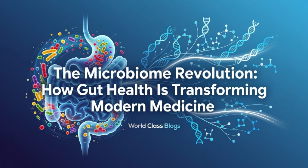 Diagram showing the five major functions of the gut microbiome: digestion and metabolism, immune system education, pathogen protection, vitamin synthesis, and gut-brain communication