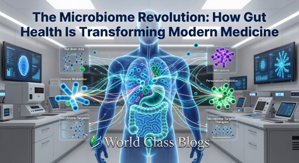 Diagram showing the five major functions of the gut microbiome: digestion and metabolism, immune system education, pathogen protection, vitamin synthesis, and gut-brain communication