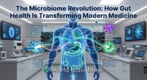 Diagram showing the five major functions of the gut microbiome: digestion and metabolism, immune system education, pathogen protection, vitamin synthesis, and gut-brain communication