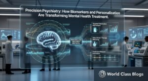 Diagram showing the four pillars of precision psychiatry: clinical assessment, biological markers, digital phenotyping, and environmental factors, integrating to guide personalized treatment
