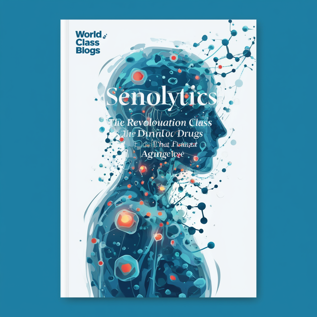 Step-by-step illustration showing senolytic drugs targeting survival pathways in senescent cells, leading to apoptosis while normal cells are spared