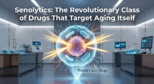 Diagram showing a senescent cell (larger, irregular) surrounded by normal cells, with arrows representing inflammatory SASP factors spreading to damage neighboring cells