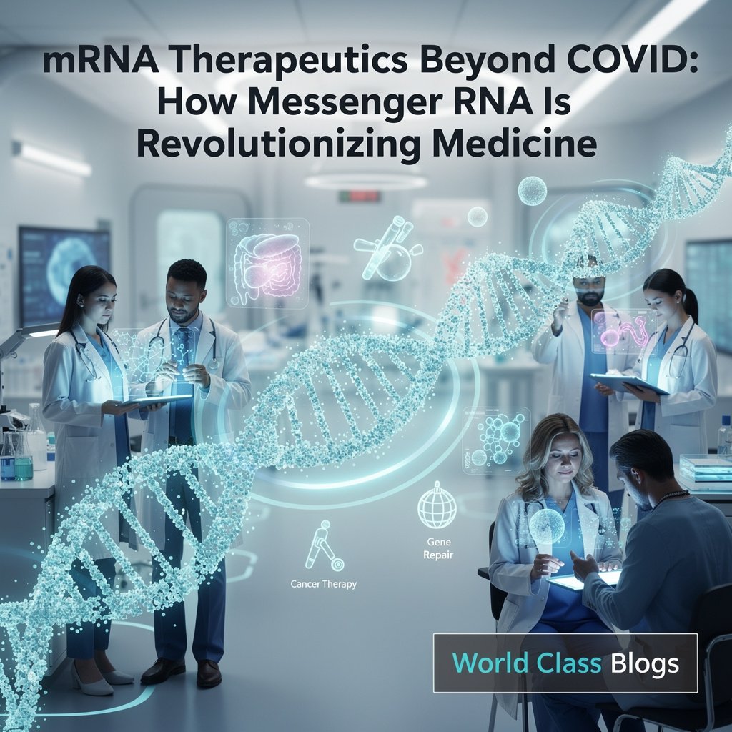 Step-by-step diagram showing mRNA encapsulated in lipid nanoparticle, cellular uptake, endosomal escape, translation into protein, and therapeutic effect