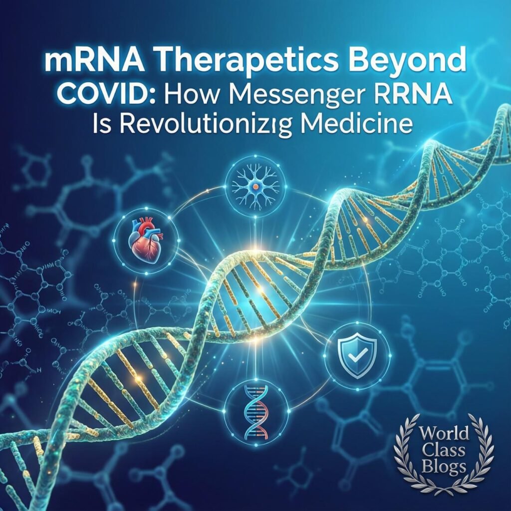 Step-by-step diagram showing mRNA encapsulated in lipid nanoparticle, cellular uptake, endosomal escape, translation into protein, and therapeutic effect