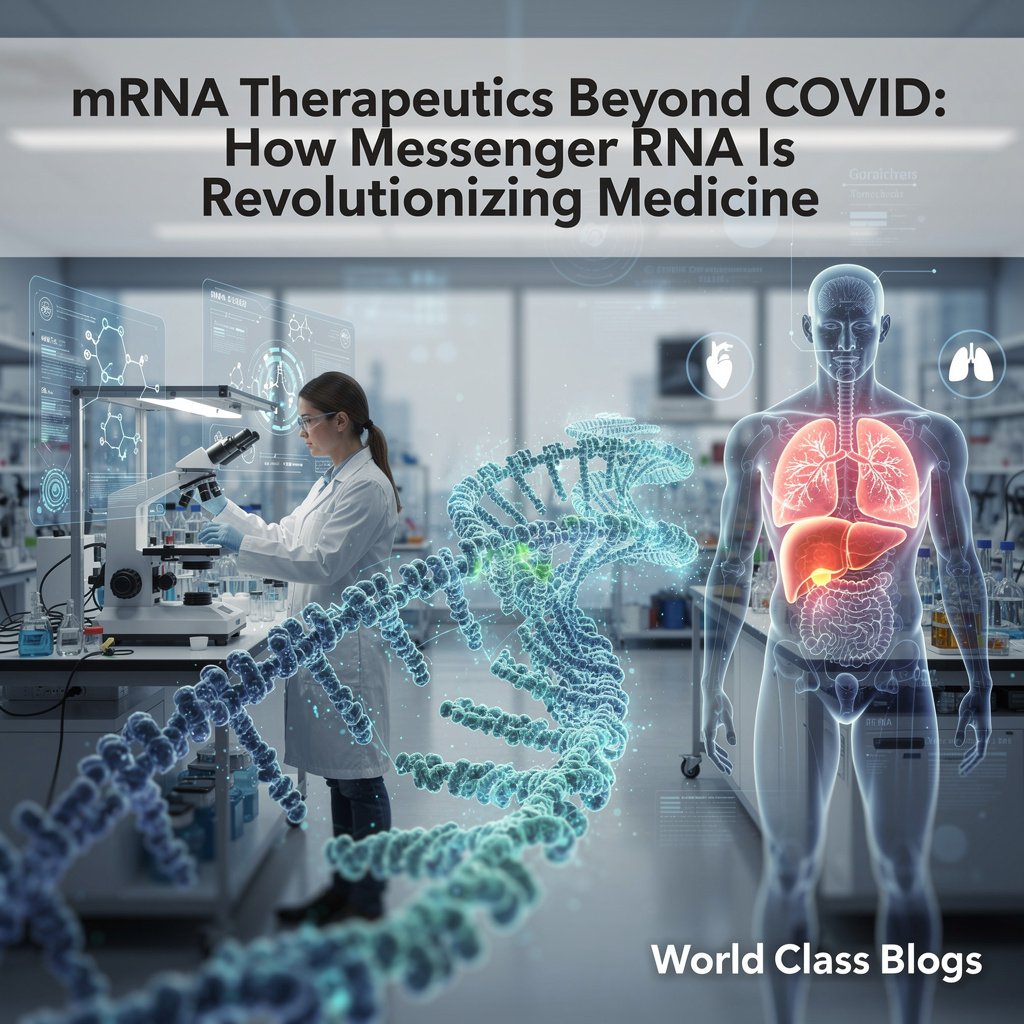 Bubble chart showing major mRNA therapeutic applications including infectious disease vaccines, cancer immunotherapy, rare diseases, protein replacement, and gene editing