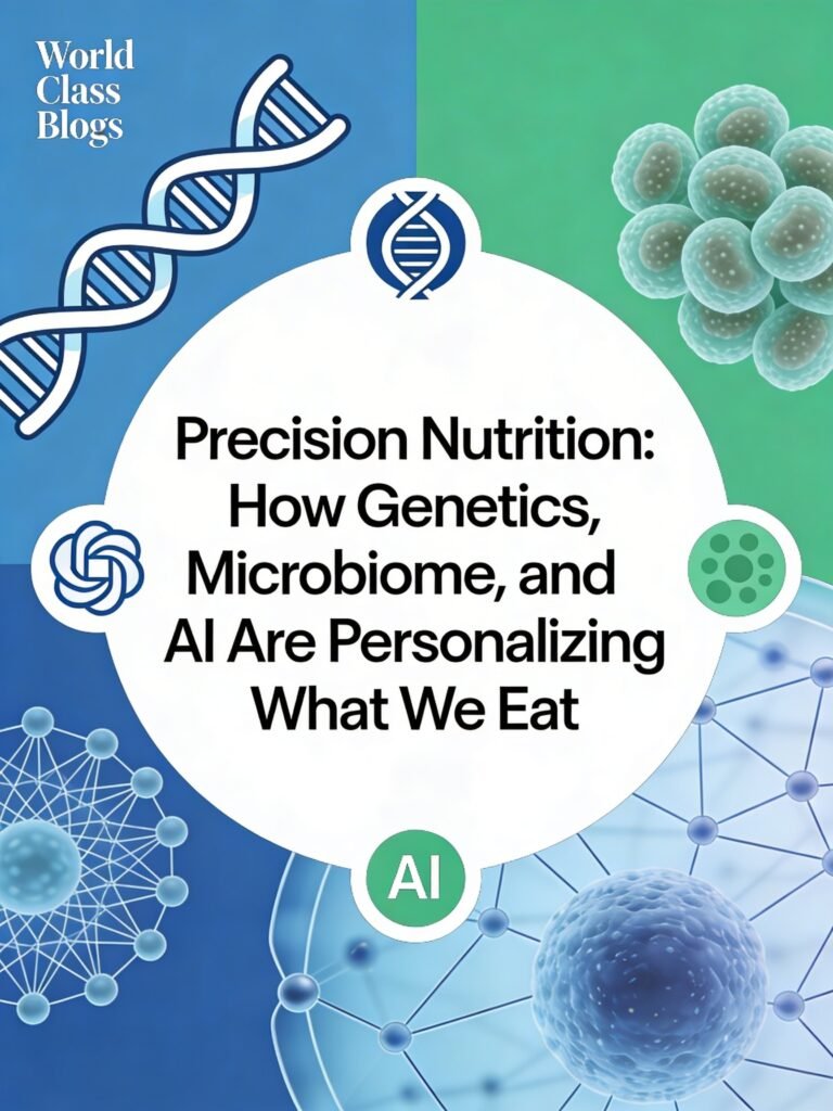 Diagram showing the four pillars of precision nutrition: genetic analysis, microbiome profiling, metabolic monitoring, and lifestyle assessment, integrating to guide personalized dietary recommendations