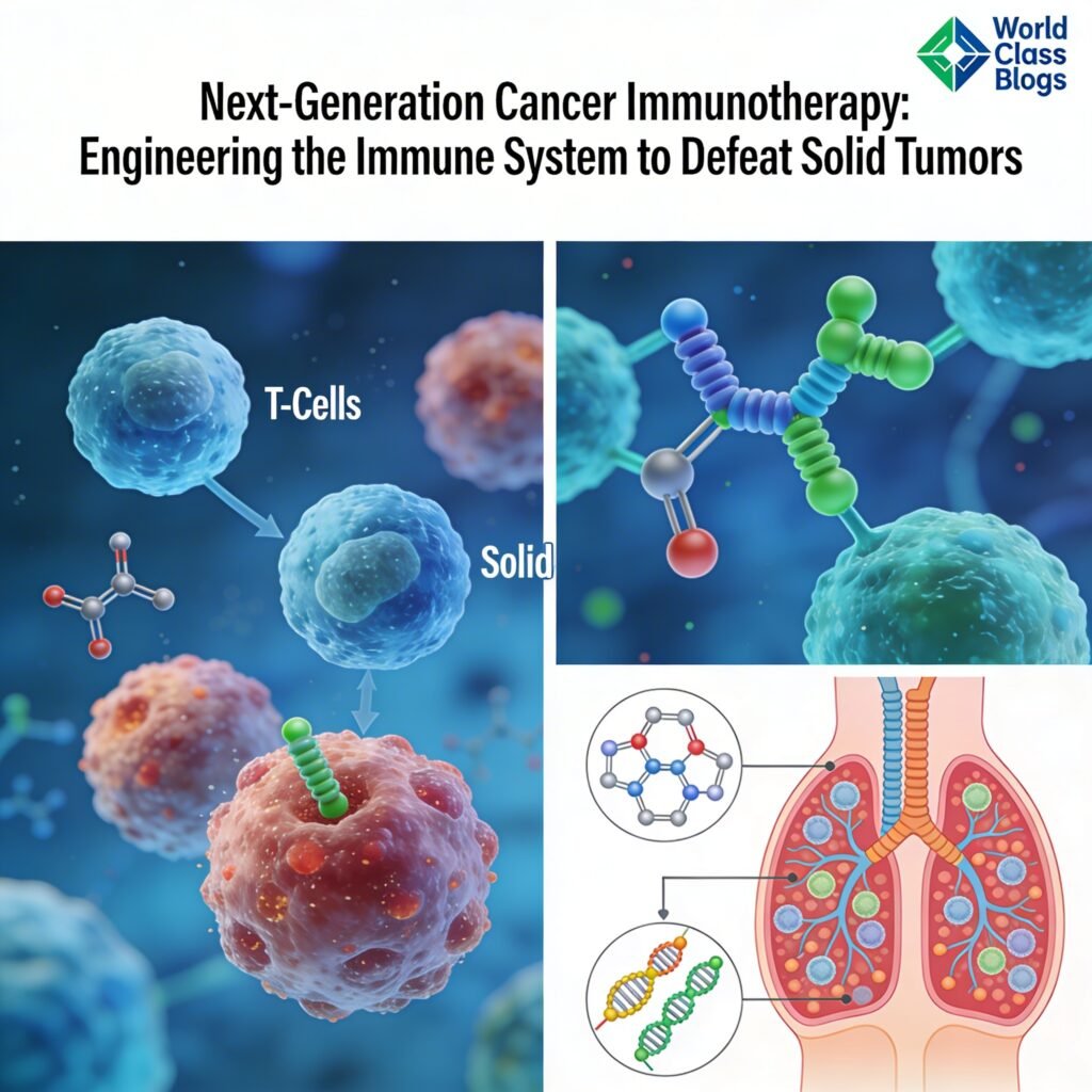 Diagram showing the complex tumor microenvironment with cancer cells surrounded by regulatory T cells, myeloid-derived suppressor cells, cancer-associated fibroblasts, abnormal blood vessels, and metabolic competition
