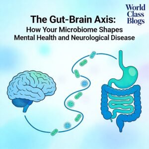 Diagram showing the five major pathways of gut-brain communication: vagus nerve (neural), immune signaling (cytokines), endocrine (hormones), microbial metabolites (SCFAs), and neurotransmitter production