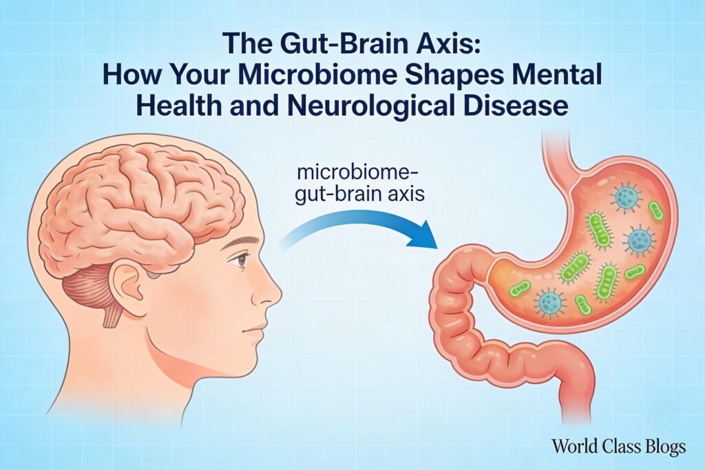 Diagram showing the five major pathways of gut-brain communication: vagus nerve (neural), immune signaling (cytokines), endocrine (hormones), microbial metabolites (SCFAs), and neurotransmitter production