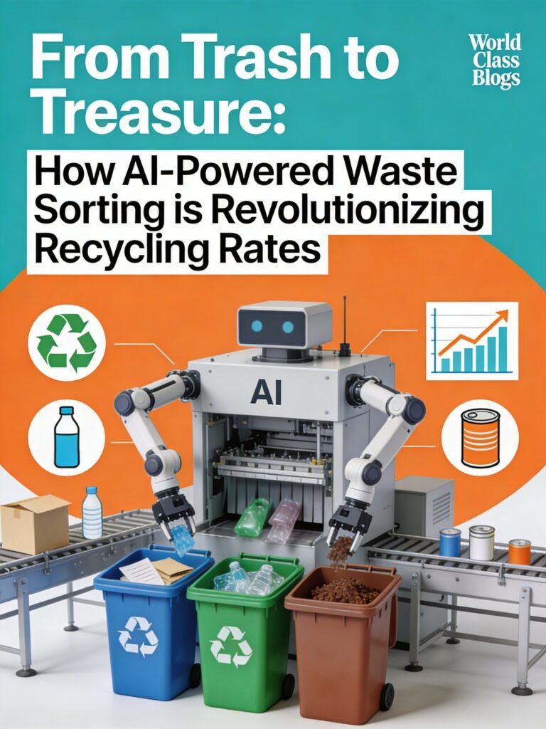 tep-by-step diagram showing AI waste sorting from inbound material to robotic picking to clean bales, with contamination rates labeled at each stage