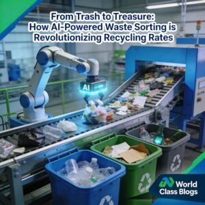 tep-by-step diagram showing AI waste sorting from inbound material to robotic picking to clean bales, with contamination rates labeled at each stage