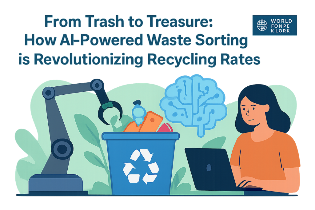 tep-by-step diagram showing AI waste sorting from inbound material to robotic picking to clean bales, with contamination rates labeled at each stage