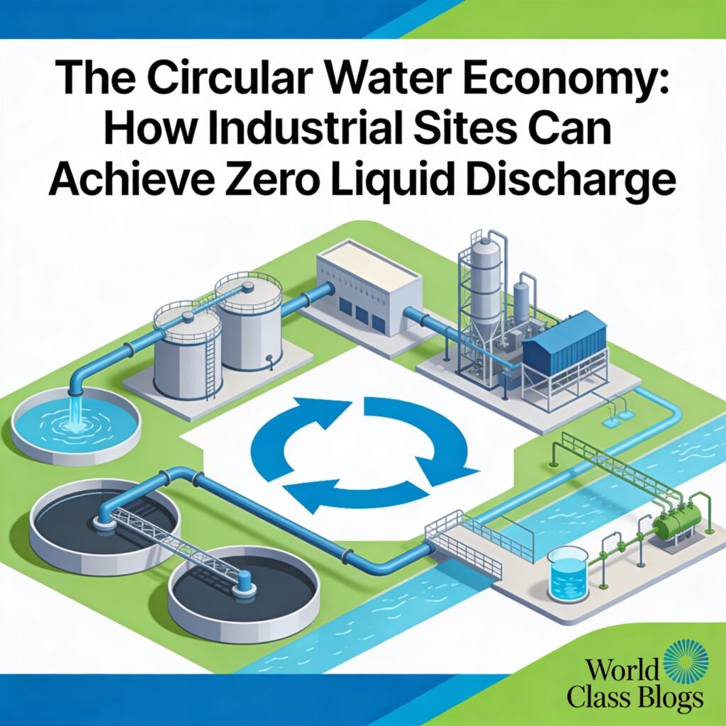 Step-by-step diagram showing Zero Liquid Discharge process from industrial wastewater intake through reverse osmosis, MVR evaporator, crystallizer, and final water return loop with solids byproduct