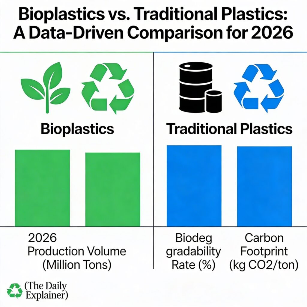 Comparison chart of four plastics (PLA, PHA, bio-PET, fossil PET) across six metrics: biobased content, biodegradable, compostable, marine degradable, recyclable, and relative cost