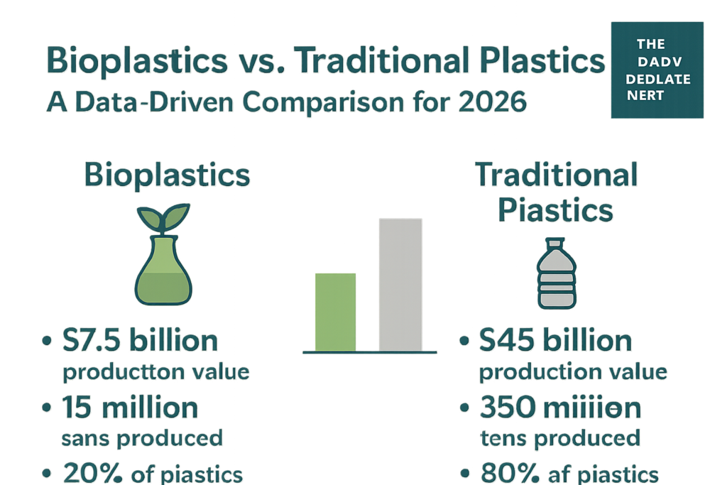 Comparison chart of four plastics (PLA, PHA, bio-PET, fossil PET) across six metrics: biobased content, biodegradable, compostable, marine degradable, recyclable, and relative cost