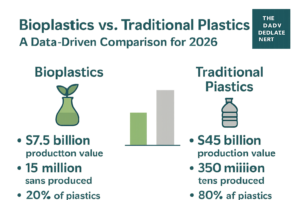 Comparison chart of four plastics (PLA, PHA, bio-PET, fossil PET) across six metrics: biobased content, biodegradable, compostable, marine degradable, recyclable, and relative cost
