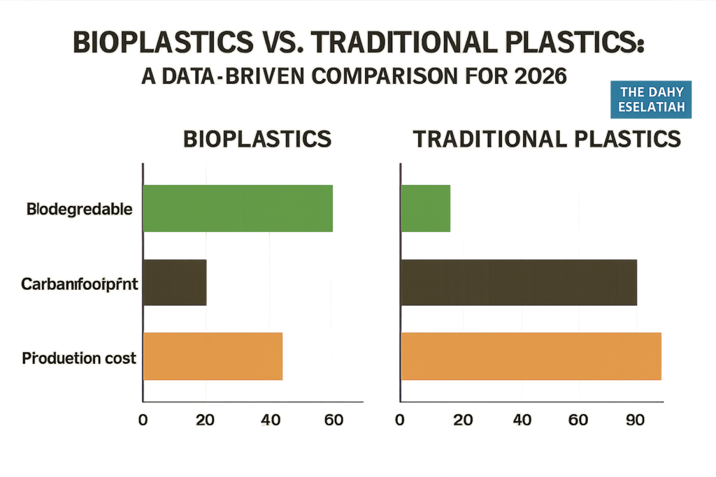 Comparison chart of four plastics (PLA, PHA, bio-PET, fossil PET) across six metrics: biobased content, biodegradable, compostable, marine degradable, recyclable, and relative cost