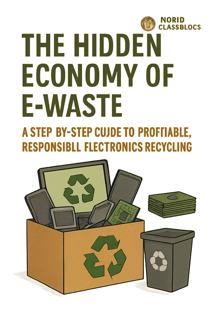 Two pie charts comparing e-waste by weight percentage vs. by value percentage, showing that precious metals (0.1% of weight) represent 80% of value