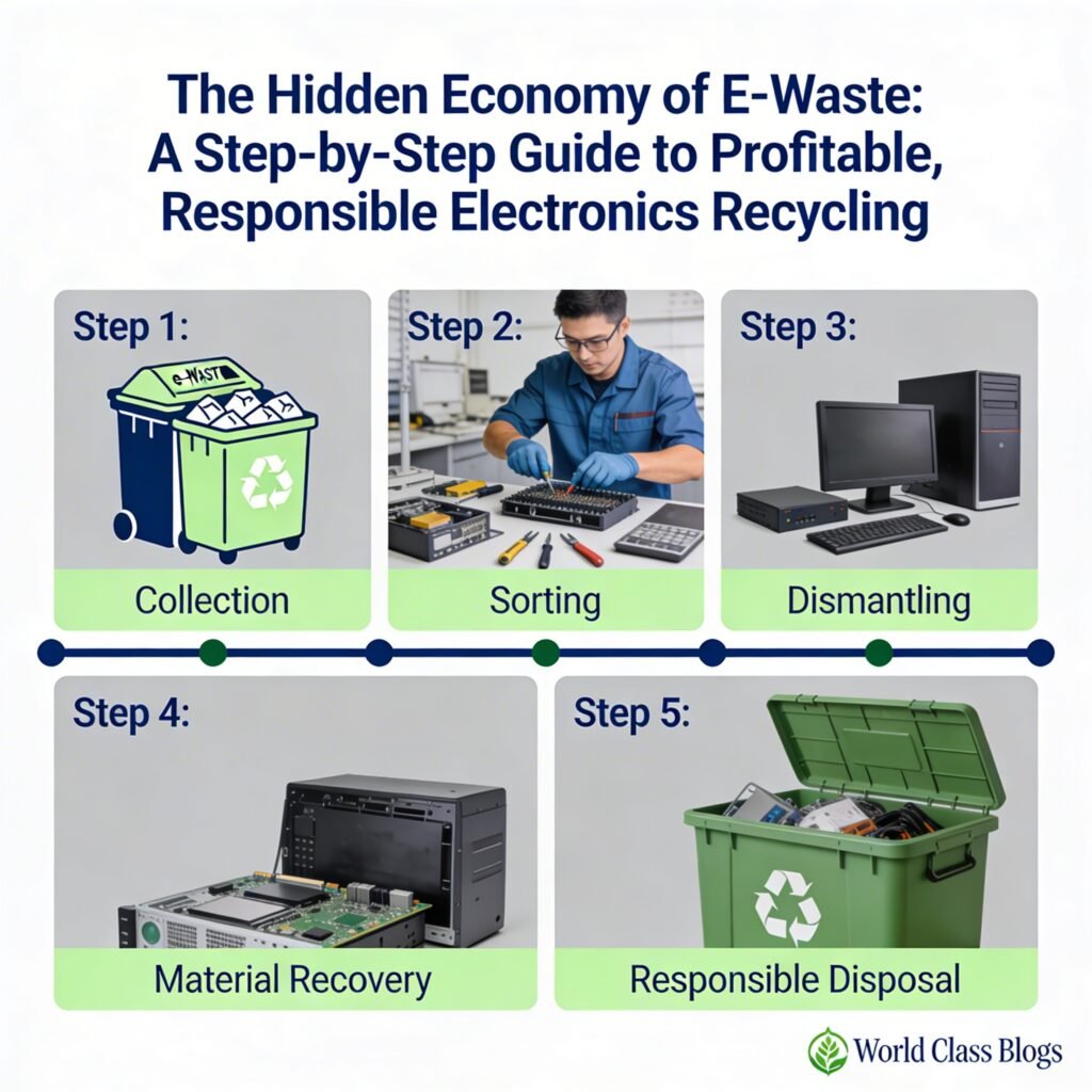 Two pie charts comparing e-waste by weight percentage vs. by value percentage, showing that precious metals (0.1% of weight) represent 80% of value