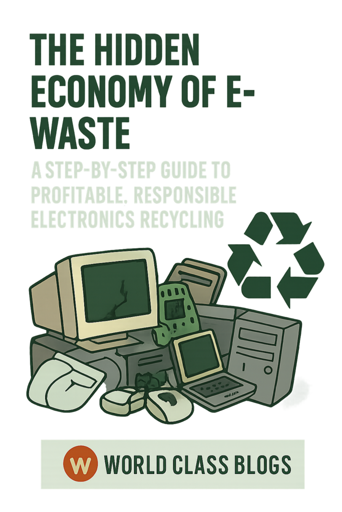 Two pie charts comparing e-waste by weight percentage vs. by value percentage, showing that precious metals (0.1% of weight) represent 80% of value