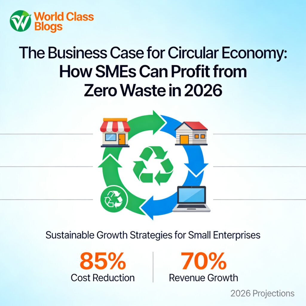 Side-by-side diagram comparing linear economy (take-make-dispose) with circular economy (make-use-return-remanufacture-reuse) with financial outcomes labeled