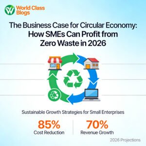 Side-by-side diagram comparing linear economy (take-make-dispose) with circular economy (make-use-return-remanufacture-reuse) with financial outcomes labeled