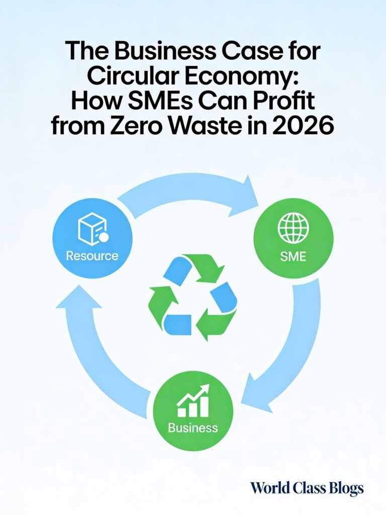 Side-by-side diagram comparing linear economy (take-make-dispose) with circular economy (make-use-return-remanufacture-reuse) with financial outcomes labeled