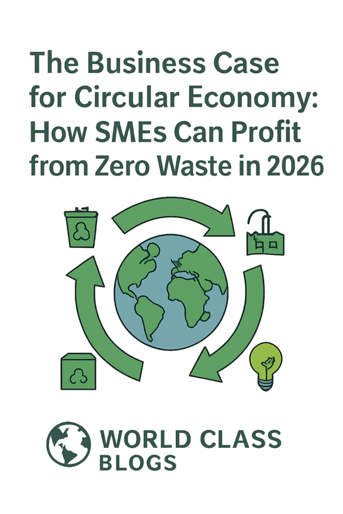 Side-by-side diagram comparing linear economy (take-make-dispose) with circular economy (make-use-return-remanufacture-reuse) with financial outcomes labeled
