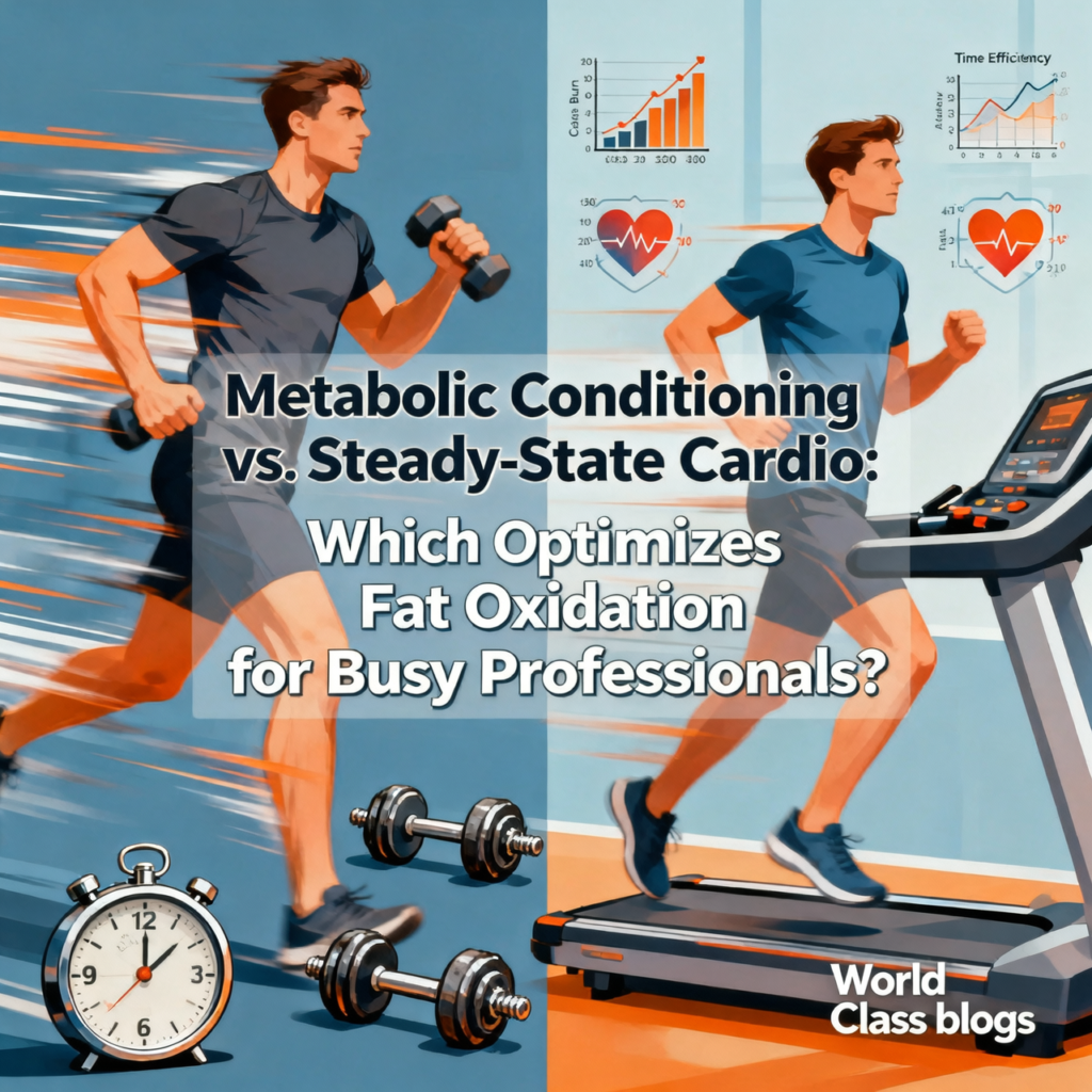 Comparison chart showing steady state cardio against metabolic conditioning for fat oxidation, EPOC, time efficiency, and joint impact based on 2026 exercise science research