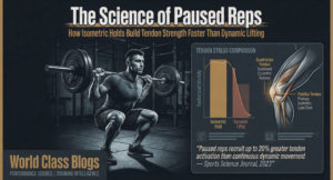 Line graph comparing muscle strength gains (4-6 weeks) versus tendon stiffness gains (12-16 weeks) during a new resistance training program, highlighting the vulnerability window