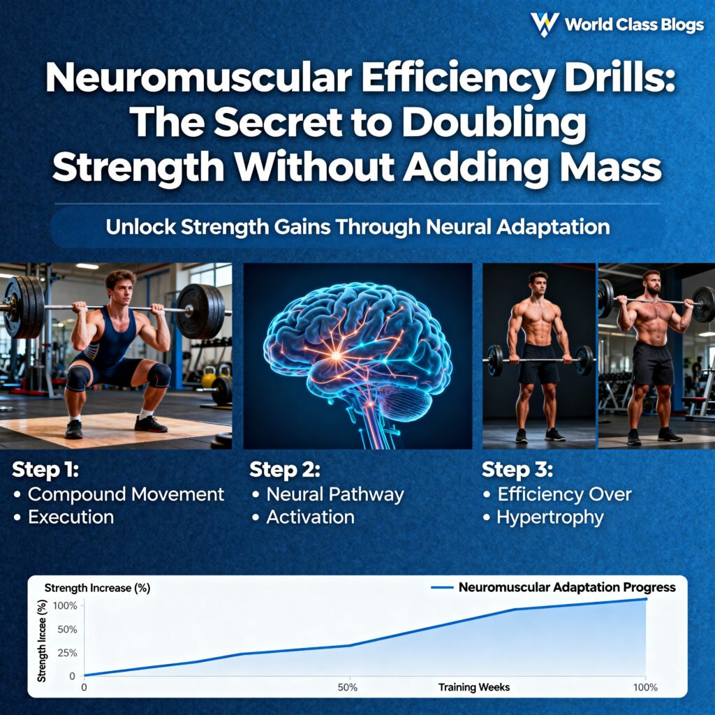 Formula diagram showing strength equals muscle cross-sectional area multiplied by neural drive, with examples of low muscle/high neural (lightweight athlete) and high muscle/low neural (bodybuilder with poor coordination)