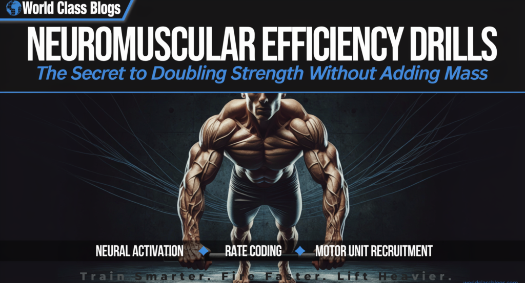 Formula diagram showing strength equals muscle cross-sectional area multiplied by neural drive, with examples of low muscle/high neural (lightweight athlete) and high muscle/low neural (bodybuilder with poor coordination)