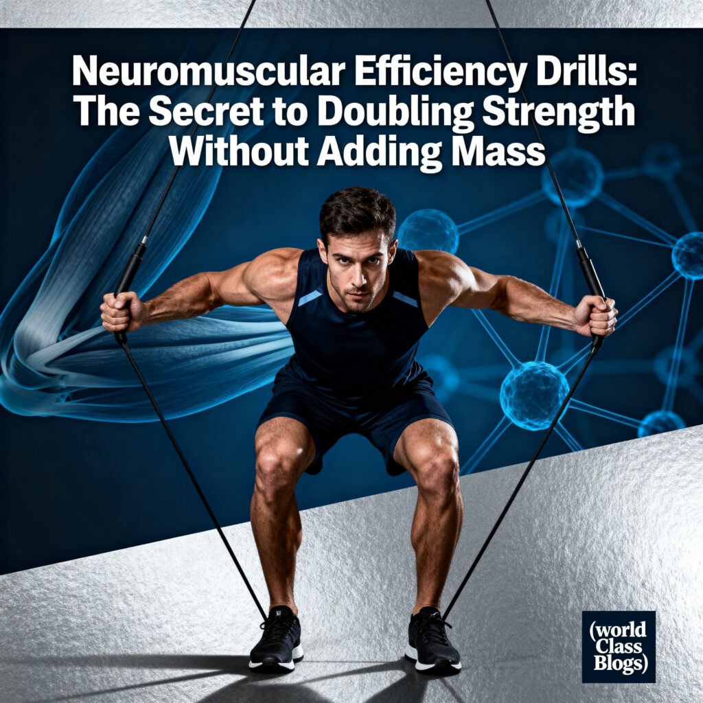 Formula diagram showing strength equals muscle cross-sectional area multiplied by neural drive, with examples of low muscle/high neural (lightweight athlete) and high muscle/low neural (bodybuilder with poor coordination)