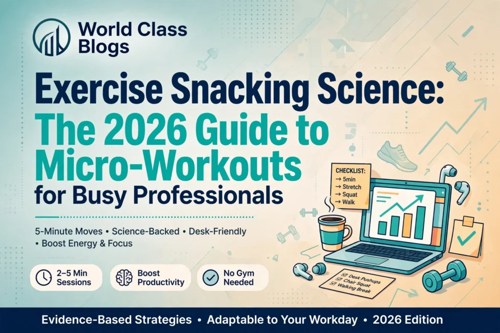 Infographic showing the key benefits of exercise snacking from 2026 research: improved cardiorespiratory fitness, metabolic health, vascular function, mitochondrial function, and high adherence rates