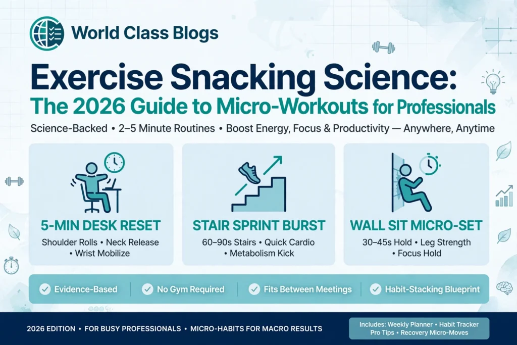 Infographic showing the key benefits of exercise snacking from 2026 research: improved cardiorespiratory fitness, metabolic health, vascular function, mitochondrial function, and high adherence rates