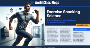Infographic showing the key benefits of exercise snacking from 2026 research: improved cardiorespiratory fitness, metabolic health, vascular function, mitochondrial function, and high adherence rates