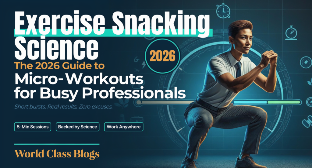 Infographic showing the key benefits of exercise snacking from 2026 research: improved cardiorespiratory fitness, metabolic health, vascular function, mitochondrial function, and high adherence rates