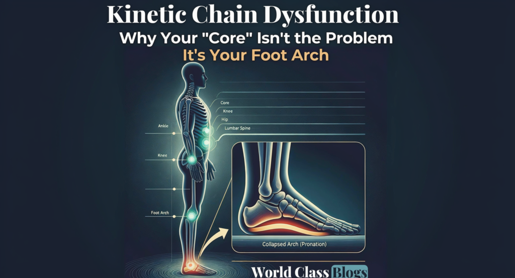 Diagram showing the domino effect from foot overpronation through tibial rotation, femoral rotation, pelvic tilt, and spinal compensation