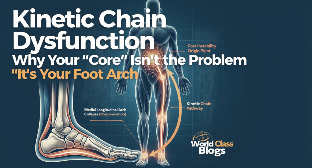 Diagram showing the domino effect from foot overpronation through tibial rotation, femoral rotation, pelvic tilt, and spinal compensation