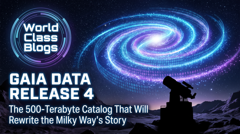 Infographic comparing Gaia DR4's 500 TB data volume to previous releases, showing the fifty-fold increase over DR3