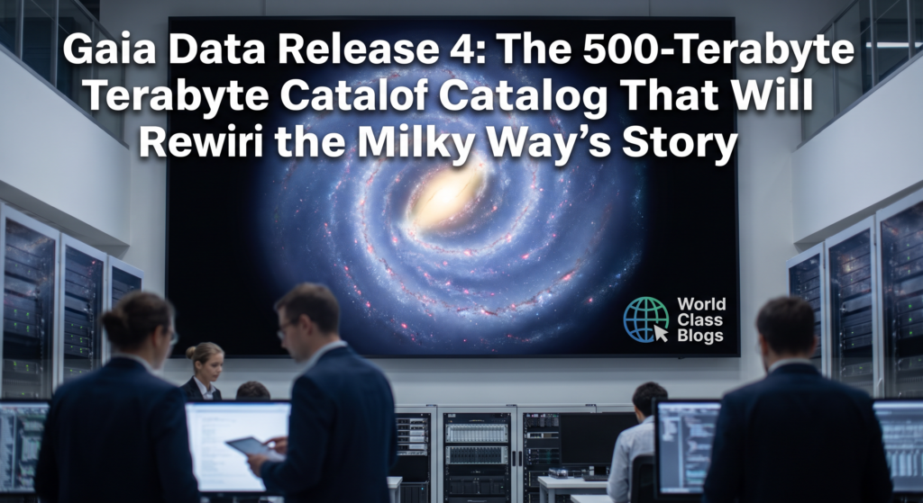 Infographic comparing Gaia DR4's 500 TB data volume to previous releases, showing the fifty-fold increase over DR3