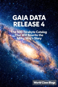 Infographic comparing Gaia DR4's 500 TB data volume to previous releases, showing the fifty-fold increase over DR3